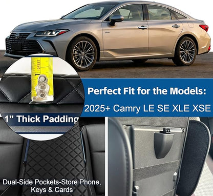 Center Console Cover Fit for Toyota Camry (LE/SE/XLE/XSE) 2025 2026 Thickened 1-in Leather Armrest Cover Cushion Camry Hybrid Center Lid Protector with Pockets