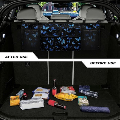 Blue Butterfly Car Trunk Organizer Small SUV Trunk Organizers and Storage with 4 Pockets, Butterfly Car Accessories for Women Car Organization, Leave Room for Buying and Shopping