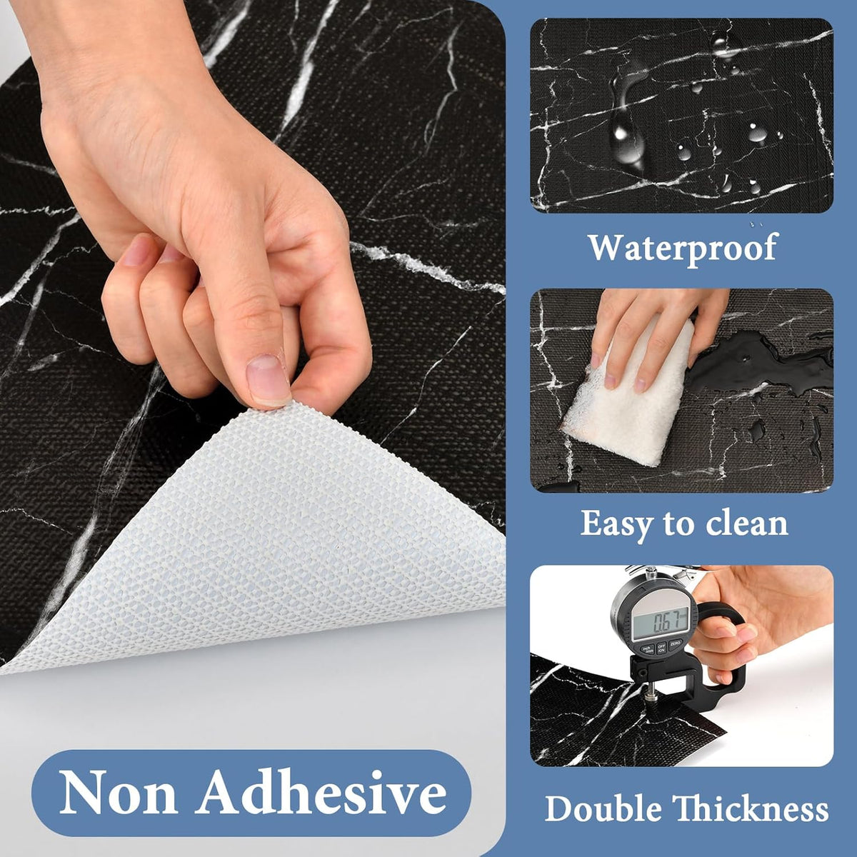 Drawer and Shelf Liner for Kitchen Cabinet: 17 in X 20 Ft Non Slip Waterproof Shelf Paper Non Adhesive Refrigerator Liners Black Marble Easy Liners for Bathroom with Knife Tape Measure