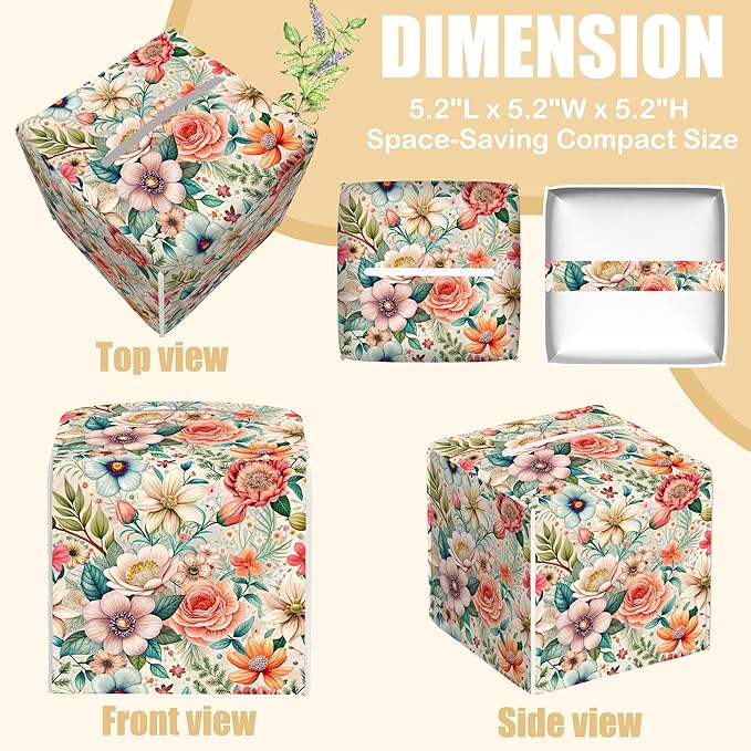Leather Tissue Box Holder Colorful Floral Tissue Box Cover Facial Paper Case Organizer Cube Napkin Dispenser for Bathroom Vanity Countertop Night Stand Office Car