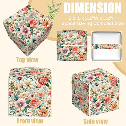 Leather Tissue Box Holder Colorful Floral Tissue Box Cover Facial Paper Case Organizer Cube Napkin Dispenser for Bathroom Vanity Countertop Night Stand Office Car