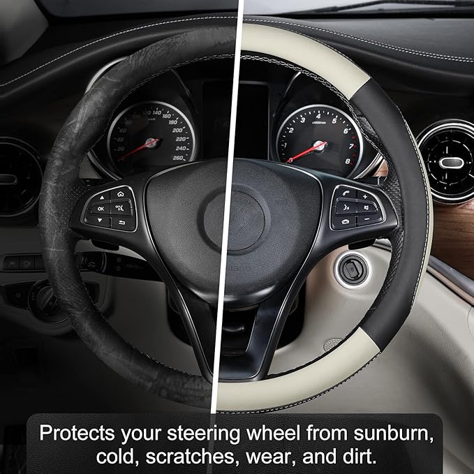 SEG Direct Car Steering Wheel Cover for Medium Standard Size Steering Wheels with 14 1/2-15 inches Outer Diameter, Black and Gray Microfiber Leather
