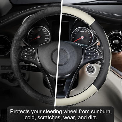 SEG Direct Car Steering Wheel Cover for Medium Standard Size Steering Wheels with 14 1/2-15 inches Outer Diameter, Black and Gray Microfiber Leather