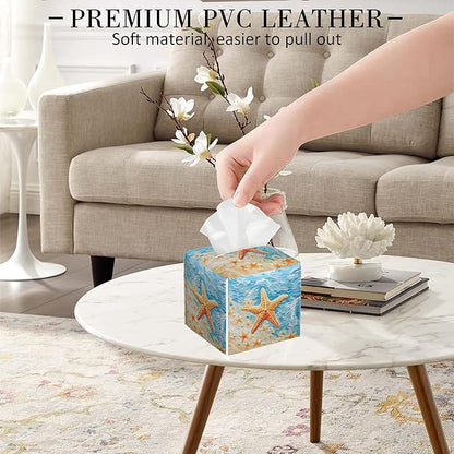 POIUBLE Tissue Box Holder Beach Starfish Tissue Box Cover Square Leather Tissue Holder Organizer Portable Decorative Facial Paper Case for Home Office Bathroom Vanity Countertop