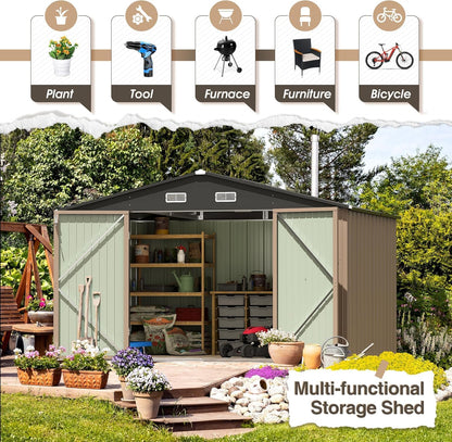Furniwell 10x8 FT Outdoor Storage Shed, Metal Garden Sheds Outdoor Storage House with Single Lockable Door for Backyard Patio Lawn, Brown