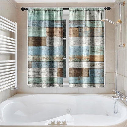 Culudea Wood Rustic Vintage Blue Brown Waffle Textured Cloth Shower Curtain Set, Farmhouse Retro Bathroom Window Waterproof Shower Curtains for Bathroom Decor