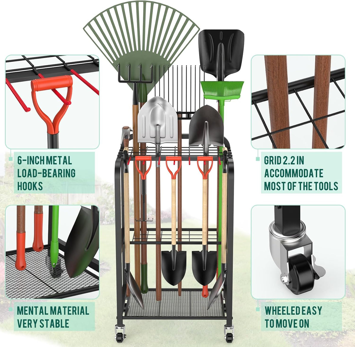 Trieez Garden Tool Organizer for Garage, Yard Tool Organizer with Wheels for Garage Organization and Storage - Sturdy Yard Tool Holder Tool Rack, for Shed, Outdoor, Tool Stand