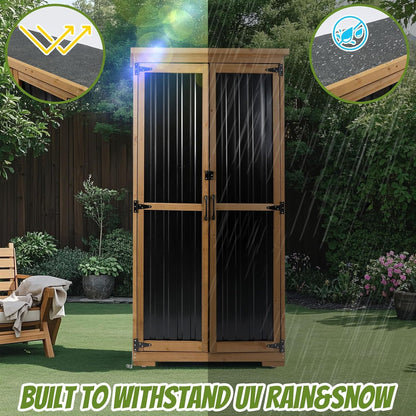 Outdoor Storage Cabinet with Shelf, Wood & Metal Storage Shed with Waterproof Roof & Lockable Doors,Tall Outdoor Cabinets for Patio Backyard, Gardening Tools and Accessories, Brown