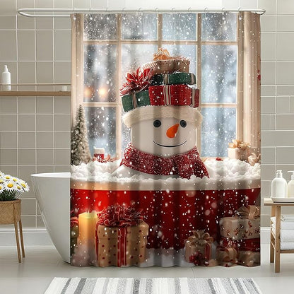 mutakin Winter Christmas Shower Curtain Cute Snowman Snowflake Shower Curtains for Bathroom Waterproof Fabric Bath Curtain Decor with Hooks