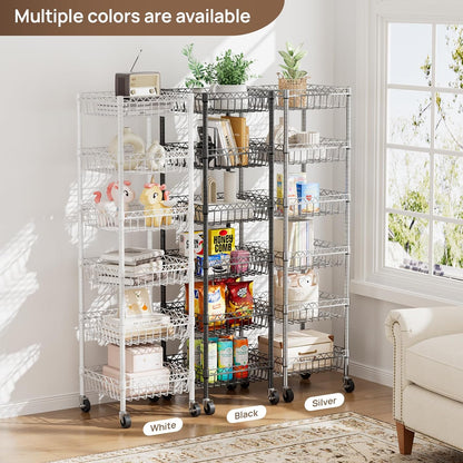 6 Shelves Storage Shelf Wire Closet Bathroom Organizers Metal Pantry Kitchen Garage Shelving Unit Laundry Room Organization Home Rack Net Basket Silver with Wheels 14" Dx14 Wx64.8 H