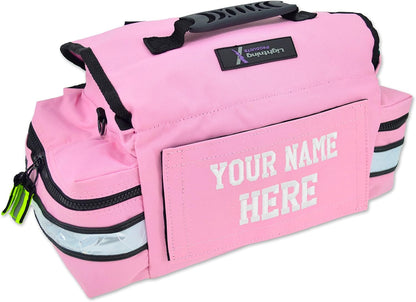 Lightning X Personalized First Responder EMT EMS Trauma Bag w/Stocked First Aid Fill Kit B & Custom Embroidered Name Patch (Pink)