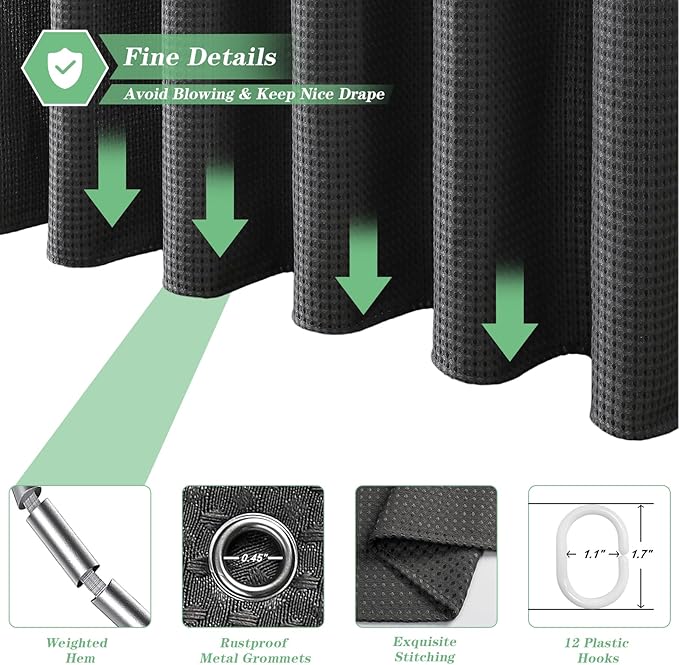 meioro Charcoal Grey Shower Curtain, Waffle Weave 256GSM Heavy Duty Textured Fabric Shower Curtains for Bathroom Hotel Spa, Luxury Weighted Polyester Cloth Bath Curtain Set with 12 Hooks, 72Wx84H