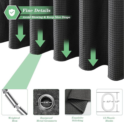 meioro Charcoal Grey Shower Curtain, Waffle Weave 256GSM Heavy Duty Textured Fabric Shower Curtains for Bathroom Hotel Spa, Luxury Weighted Polyester Cloth Bath Curtain Set with 12 Hooks, 72Wx84H