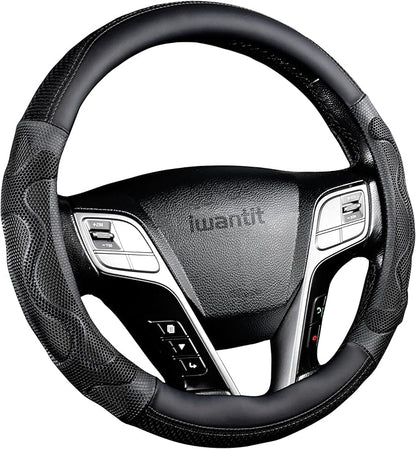 Iwantit® Car Steering Wheel Covers with 3D Silicone Honeycomb for Men,Anti-Slip Design and Breathable Fabric,Universal Fit 14.5-15 Inches (Full Black)