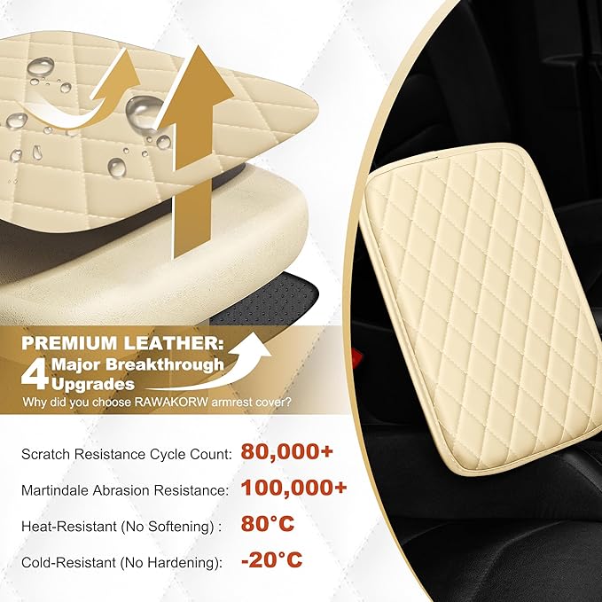 Center Console Cover for TSX: Armrest Cover for Car with 2 Storage Bags - Scratch & Wear Resistant & Waterproof Leather Console Cover,Anti-Scratch Auto Armrest Pad Accessory （Beige
