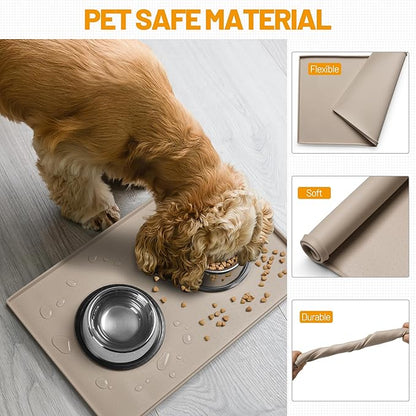 Hubulk Dog Feeding Mat,100% Waterproof Food Grade Silicone Pet Food and Water Bowl Placemat,Dishwasher, High Raised Edge to Prevent Spills,Nonslip Tray to Stop Messes on Floor（24"x16"x0.5", Taupe）