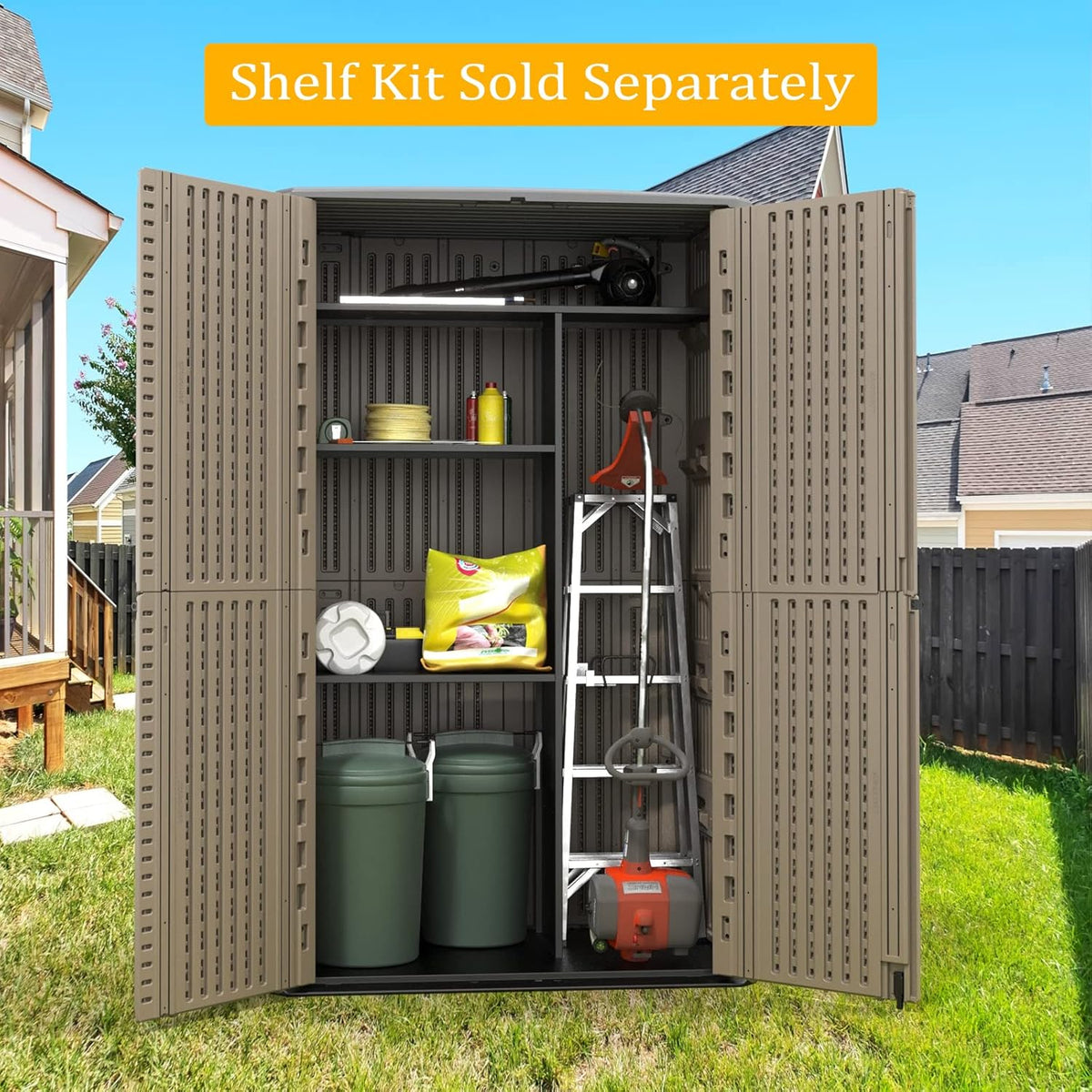 HOMSPARK Storage Shed Weather Resistance, Multi-Purpose Outdoor Storage Cabinet Waterproof, Outdoor Storage Cabinet for Garbage Cans, Lawnmower, Garden Accessories (Coffee, Tall shed-53 cu ft)