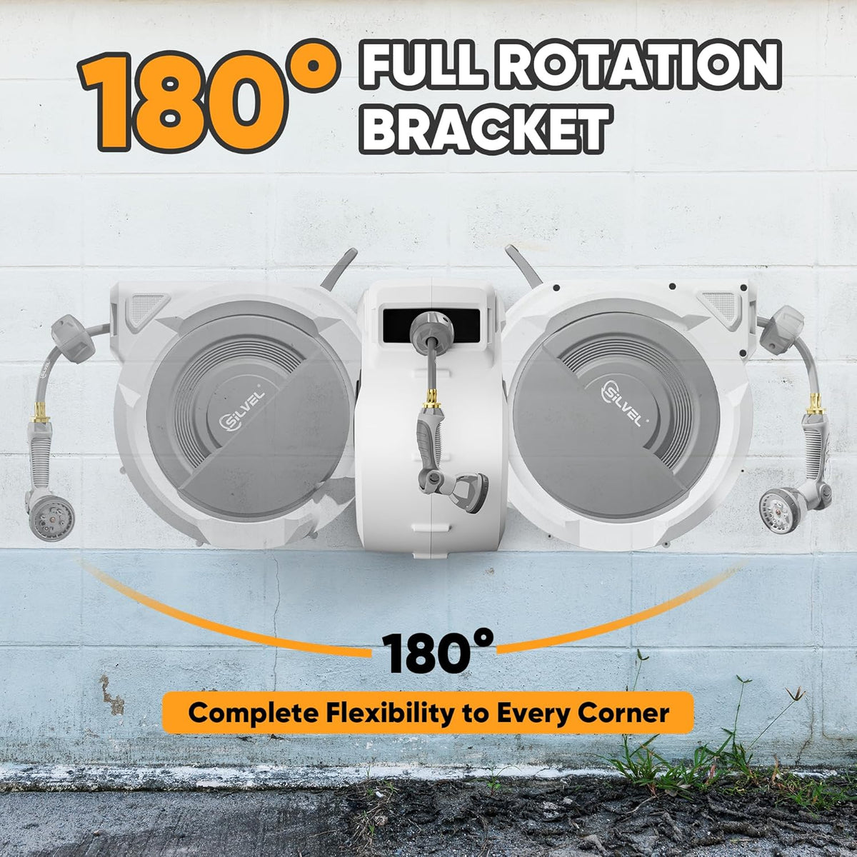 SILVEL Retractable Garden Hose Reel – 5/8 in x 110FT Heavy Duty Automatic Hose Reel Wall Mounted, Upgraded UV Resistant with 10 Pattern Nozzle, Any Length Lock & Slow Return System, 180°Swivel Bracket