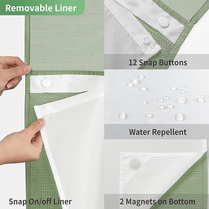 eachope No Hook Waffle Weave Shower Curtain with Snap-in Fabric Liner Set,Sage Green Shower Curtains for Bathroom with See Through Top Window,Water Repellent & Washable,71Wx74H