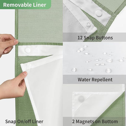 eachope No Hook Waffle Weave Shower Curtain with Snap-in Fabric Liner Set,Sage Green Shower Curtains for Bathroom with See Through Top Window,Water Repellent & Washable,71Wx74H