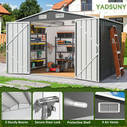 8x10 FT Outdoor Storage Shed, Metal Garden Tool Shed with Updated Frame Structure and Lockable Doors, Ideal for Backyard Garden Patio Lawn, Grey