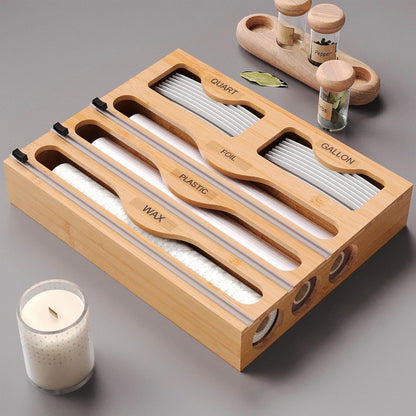 Foil Dispenser – Wood 40x31.6x7.2cm | Wrap Organizer With Cutter | Roll Organizer Holder For Aluminum F-oil - Large-Capacity Aluminum Foil Wax Wrap Holder | 5-in-1 Multifunctional Kitchen Or-ganizer