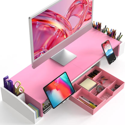 Simple Houseware Desk Dual Monitor Stand Riser with Drawer, Pink