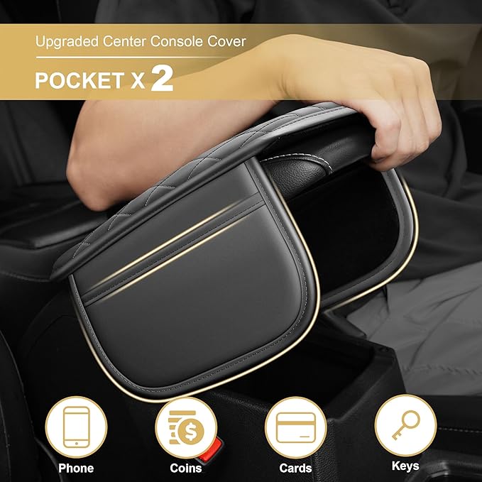 Center Console Cover Fit for Ridgeline: Scratch and Wear Resistant Console Cover Leather with 2 Storage Bags -Upgraded Armrest Coverfor Car,Anti-Scratch Auto Armrest Pad Accessory （Black