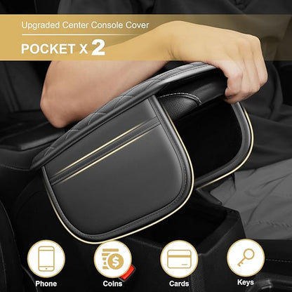 Center Console Cover Fit for Ridgeline: Scratch and Wear Resistant Console Cover Leather with 2 Storage Bags -Upgraded Armrest Coverfor Car,Anti-Scratch Auto Armrest Pad Accessory （Black
