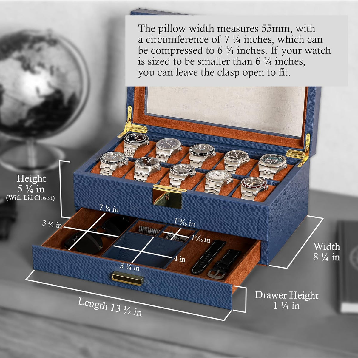 ROTHWELL 10-Slot Watch Box in Leather with Valet Drawer, Luxury Watch Case Display Organizer with Ultra Soft Microsuede Liner, Jewelry and Sunglass Holder With Large Glass top (Blue/Tan)