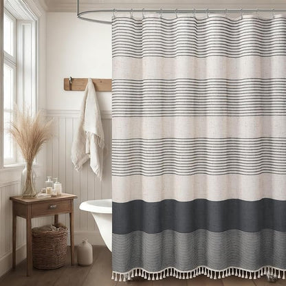XOGUIBO Dark Grey Shower Shower Curtain Boho Linen Striped Shower Curtains for Bathroom with Tassel 72 X 72