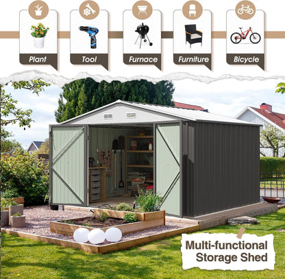 Furniwell 10x8 FT Outdoor Storage Shed, Metal Garden Sheds Outdoor Storage House with Single Lockable Door for Backyard Patio Lawn, Gray