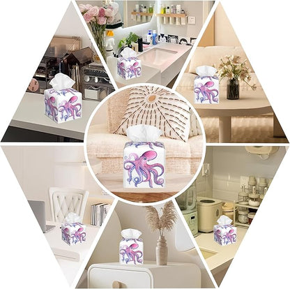 Sea Creature Leather Tissue Box Holder Pink and Purple Octopus Tissue Box Cover Facial Paper Case Organizer Cube Napkin Dispenser for Bathroom Vanity Countertop Night Stand Office Car