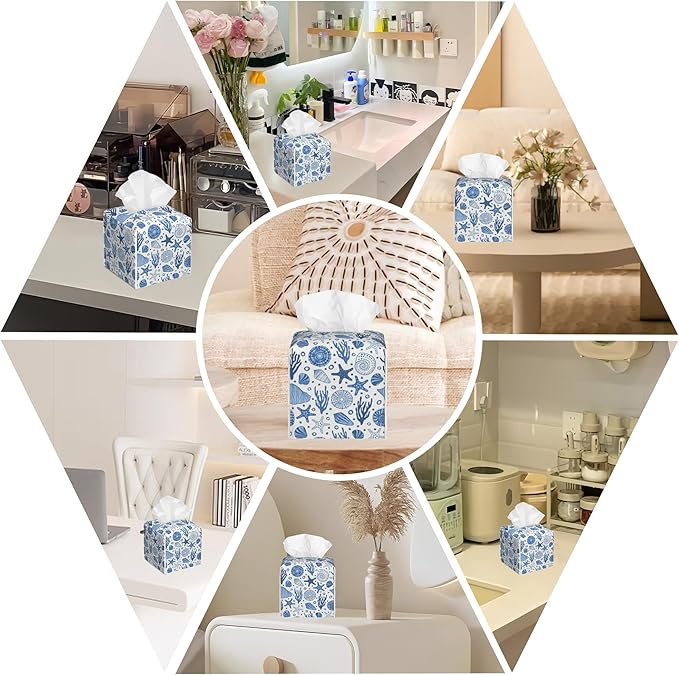 BLYKVGHQ Undersea World Square Tissue Box Cover Starfish and Seashell Tissue Box Holder Facial Cube Paper Dispenser Leather Decorative Organizer Home Office Desk Decor, 5.2"x5.2"x5.2"