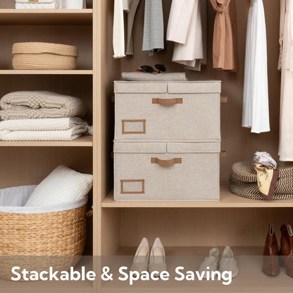 StorageWorks Large Clothes Storage Bins, Fabric Boxes with Divider Board, Baskets for Clothes, Linen Closet Organizers with Lid, Mixing of Brown & Beige, 2-Pack
