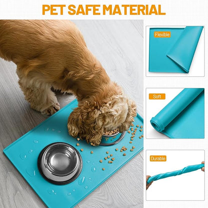 Hubulk Dog Feeding Mat,100% Waterproof Food Grade Silicone Pet Food and Water Bowl Placemat,Dishwasher, High Raised Edge to Prevent Spills,Nonslip Tray to Stop Messes on Floor (19"x12"x0.5", Teal)