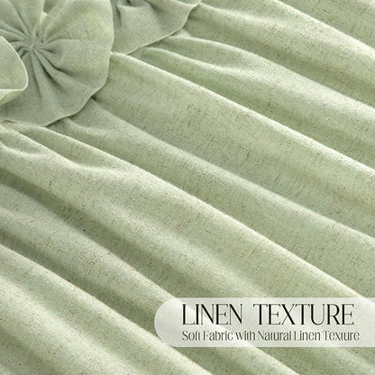 XOGUIBO Ruffle Shower Curtain with Handmade Bow Tie, Green Linen Vintage Farmhouse Shower Curtain for Bathroom, 72" W x 72" H