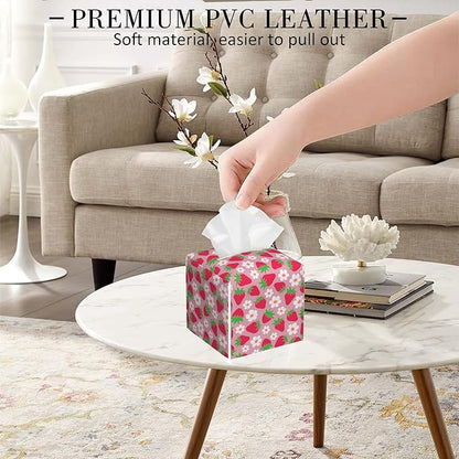 POIUBLE Strawberry and Flower Tissue Box Cover Leather Tissue Box Holder Square Facial Paper Organizer Dispenser for Bathroom Kitchen Bedroom Vanity Countertop Night Stands