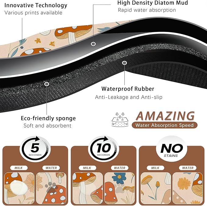 Cute Mushroom Flower Dog Cat Food Mat,Absorbent Pet Feeding Mat with Rubber Backing,Non-Slip Water Bowl Placemat,Indoor Pet Accessories Supplies 12"x20"