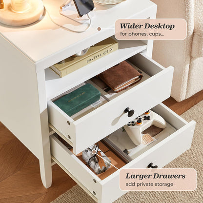 Huuger Nightstand with Charging Station, White Nightstand with 2 Drawers, Bed Side Table for Bedroom, Bedside Table with Storage, Modern Nightstands, Metal Knobs, Painted Surface