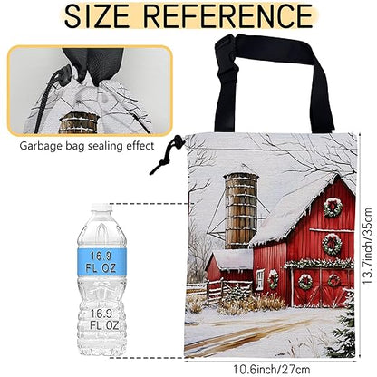 Snowy Red Barn Car Trash Bag,Mistletoe Wreaths Strap Drawstring Car Garbage Bags,Car Back Seat Organizer with Adjustable Buckle for Car Accessories