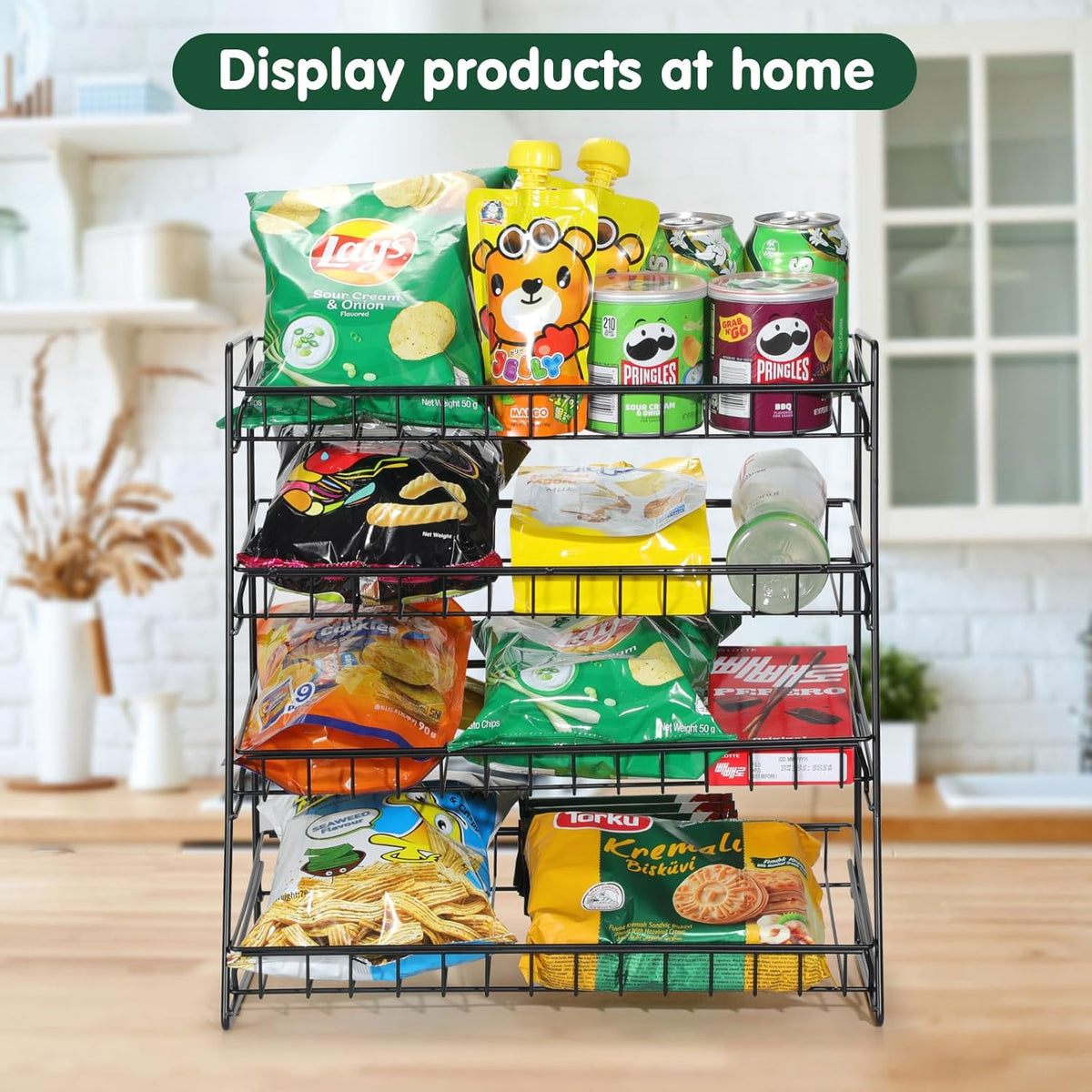 4-Tier Black Stackable Candy Display Rack, Snack Organizer For Countertop, Stores, Offices with 12 Signs and 30 Labels (Black-1 Pack)