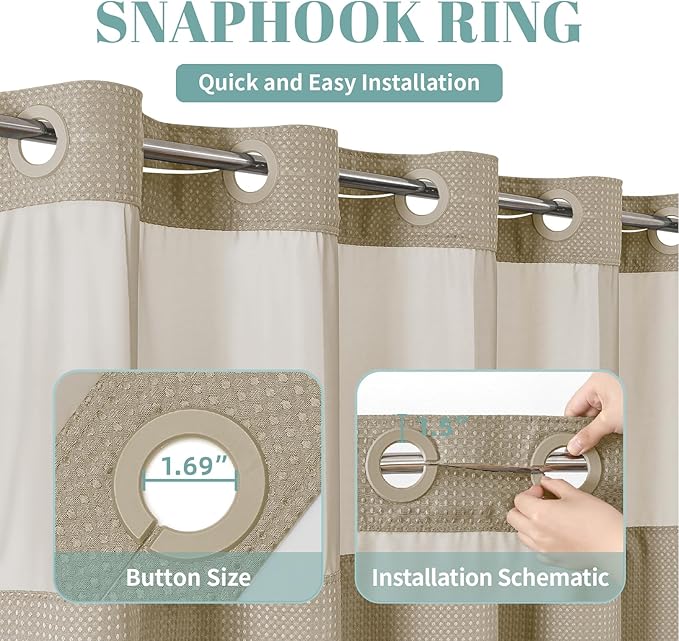 eachope Khaki No Hook Waffle Weave Shower Curtain with snap-in Liner Replacement, 230GSM Waterproof Fabric Hotel Shower Curtain Set for Bathroom, Through Mesh Top Window,71Wx86H