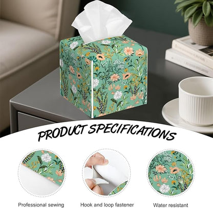 Garden Flower Blooming Tissue Box Holder,Cube Tissue Box Cover Holder,Leather Facial Paper Organizer Dispenser Home for Bedroom Night Stands,Kitchen,Office and Car,5.2"×5.2"×5.2"