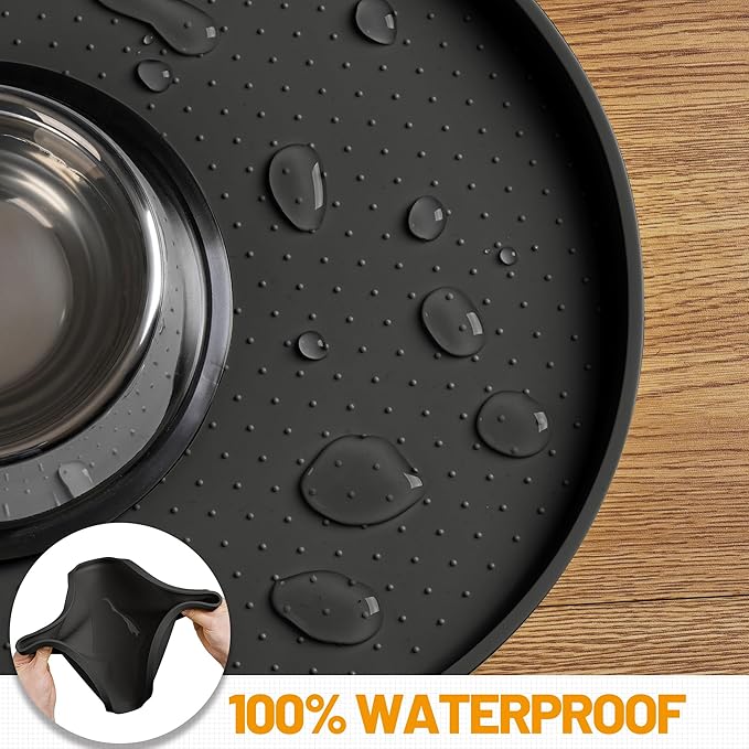 Hubulk 100% Waterproof Silicone Pet Feeding Mat with Raised Edge for Food and Water, Dog Bowl Mats, Cat Bowls Placemat with High Lip Protects Floor for Cats and Dogs (Black, 24" L x 16" W)