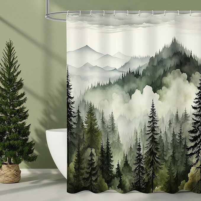 Litabel Dark Green Misty Pine Forest Shower Curtain, Mountain Foggy Woodland Scenery Tree Shower Curtains for Chic Rustic Bathroom, Abstract Modern Waterproof Nature-Themed Decor, 72x72 Inches