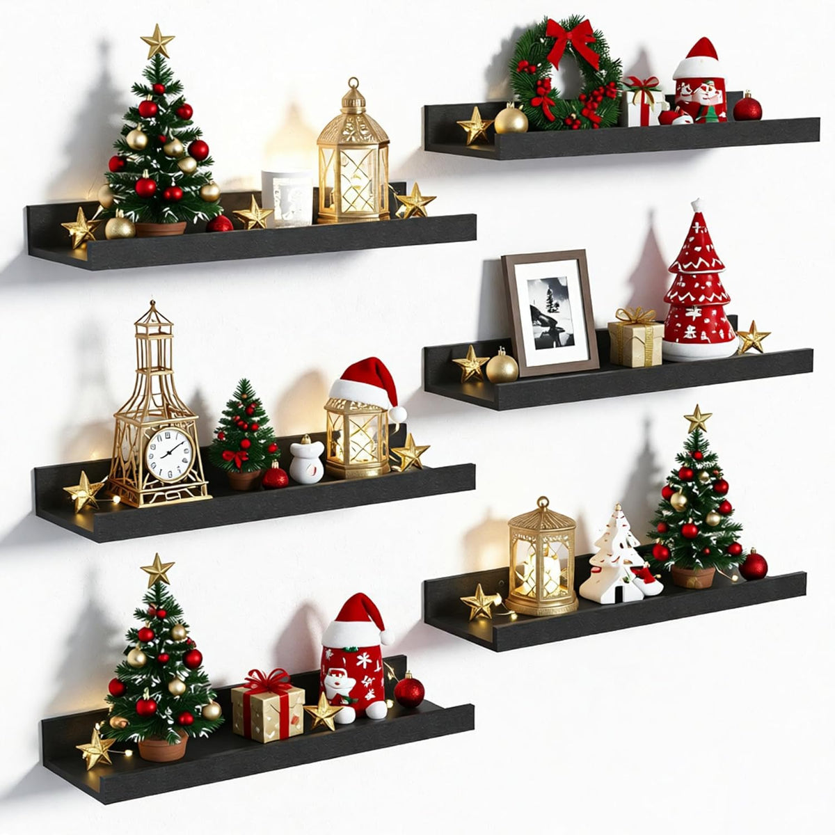 upsimples Floating Shelves for Wall, Wall Shelves for Decor Storage Set of 6, Wall Mounted Wood Shelf for Bedroom, Living Room, Bathroom, Kitchen, Picture Ledge Shelf, Black