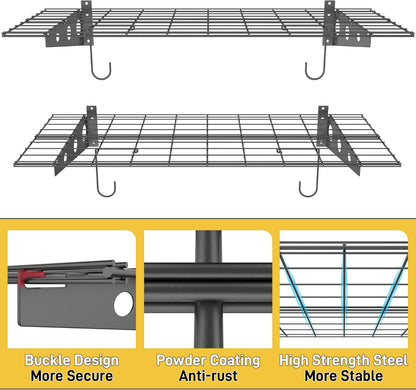 Ultrawall Garage Wall Shelves, 2 x 4 ft Wall Mounted Storage Shelves, Heavy Duty Wall Shelving with Hooks, Holds Up to 220 Lbs, 2Pack, Black