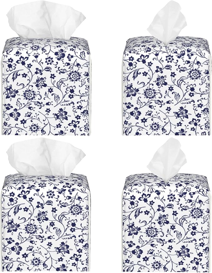 Blue and White Tissue Box Cover Square, Abstract Blue Flowers Tissue Box Holder,Waterproof Leather Facial Paper Organizer Dispenser for Bathroom Home Car Decor