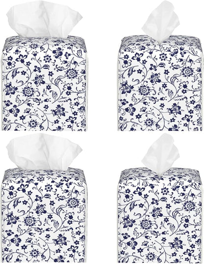 Blue and White Tissue Box Cover Square, Abstract Blue Flowers Tissue Box Holder,Waterproof Leather Facial Paper Organizer Dispenser for Bathroom Home Car Decor